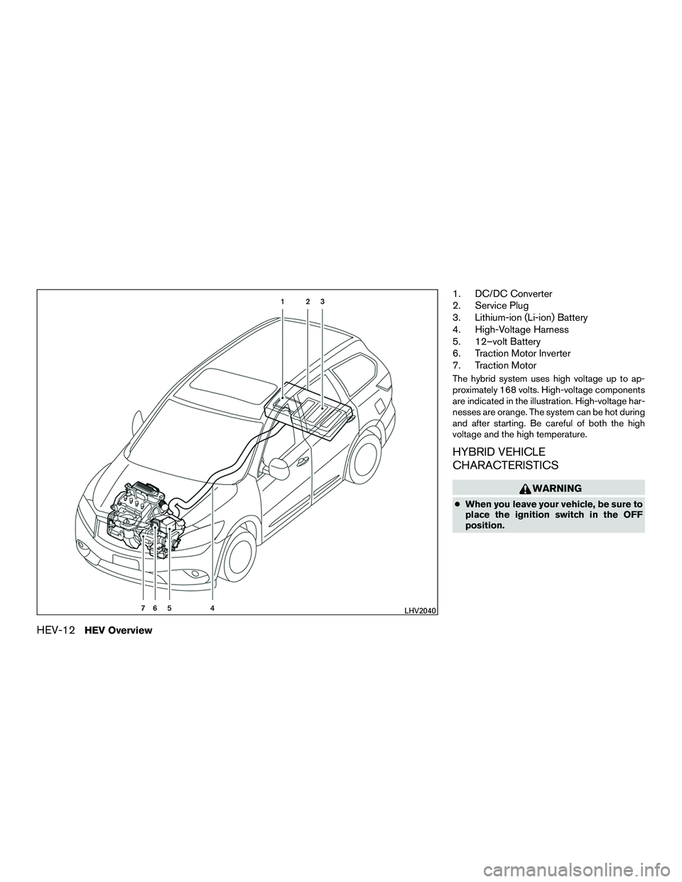 INFINITI QX60-HYBRID 2016 Owners Manual 1. DC/DC Converter
2. Service Plug
3. Lithium-ion (Li-ion) Battery
4. High-Voltage Harness
5. 12–volt Battery
6. Traction Motor Inverter
7. Traction Motor
The hybrid system uses high voltage up to a