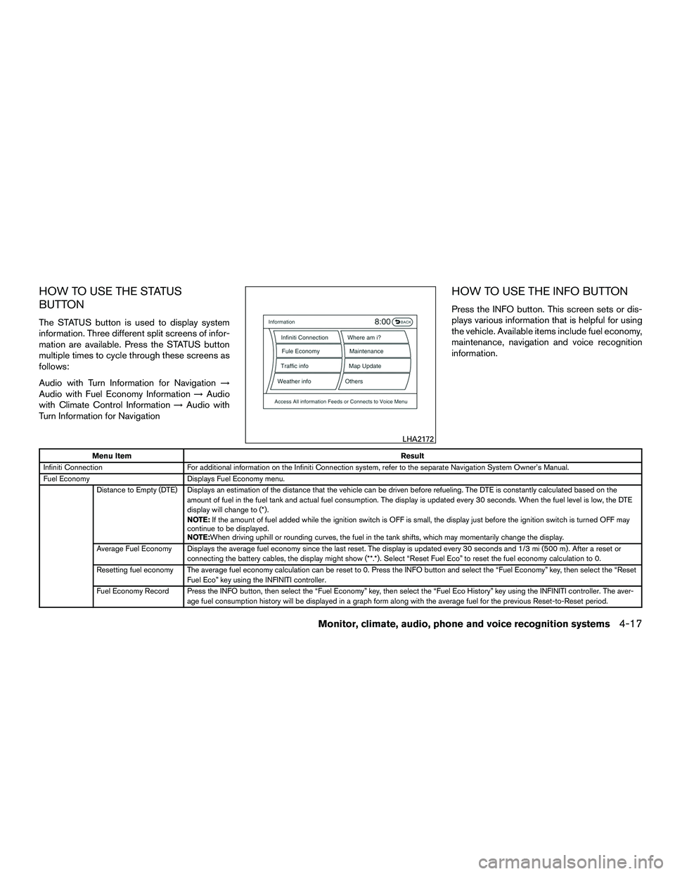 INFINITI QX60-HYBRID 2016 Owners Manual HOW TO USE THE STATUS
BUTTON
The STATUS button is used to display system
information. Three different split screens of infor-
mation are available. Press the STATUS button
multiple times to cycle thro