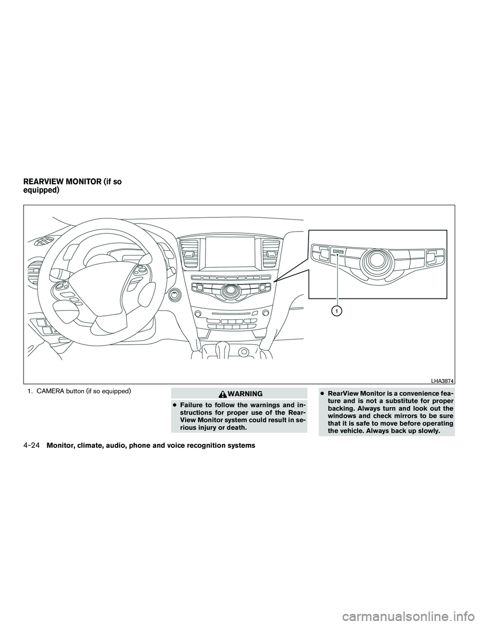 INFINITI QX60-HYBRID 2016  Owners Manual 1. CAMERA button (if so equipped)WARNING
●Failure to follow the warnings and in-
structions for proper use of the Rear-
View Monitor system could result in se-
rious injury or death. ●
RearView Mo