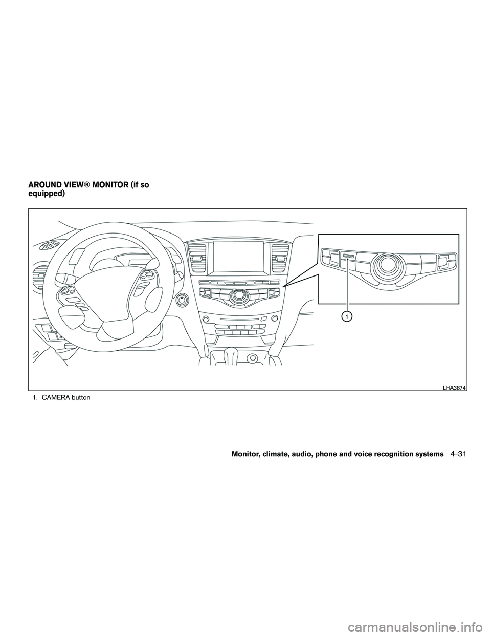 INFINITI QX60-HYBRID 2016  Owners Manual 1. CAMERA button
LHA3874
AROUND VIEW® MONITOR (if so
equipped)
Monitor, climate, audio, phone and voice recognition systems4-31 