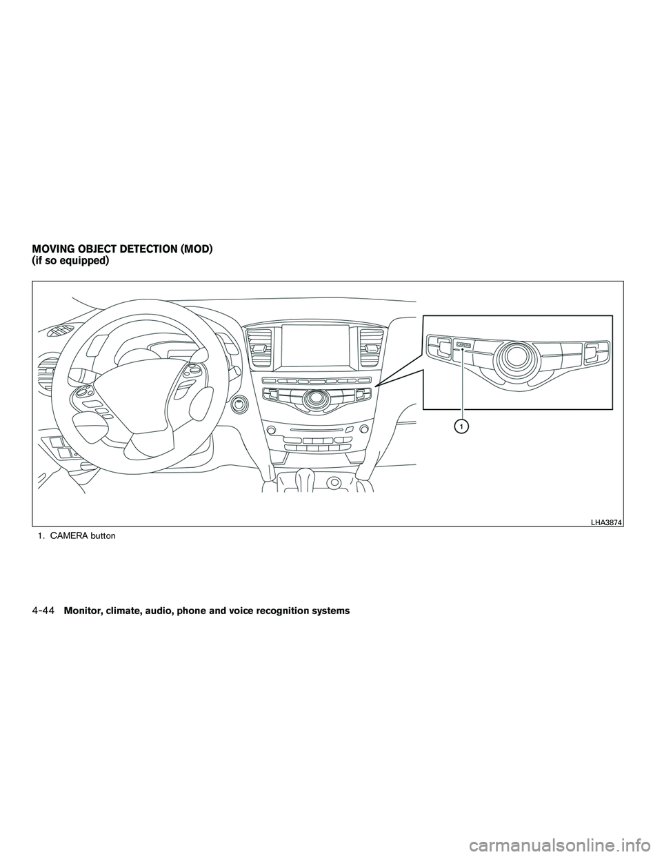 INFINITI QX60-HYBRID 2016  Owners Manual 1. CAMERA button
LHA3874
MOVING OBJECT DETECTION (MOD)
(if so equipped)
4-44Monitor, climate, audio, phone and voice recognition systems 