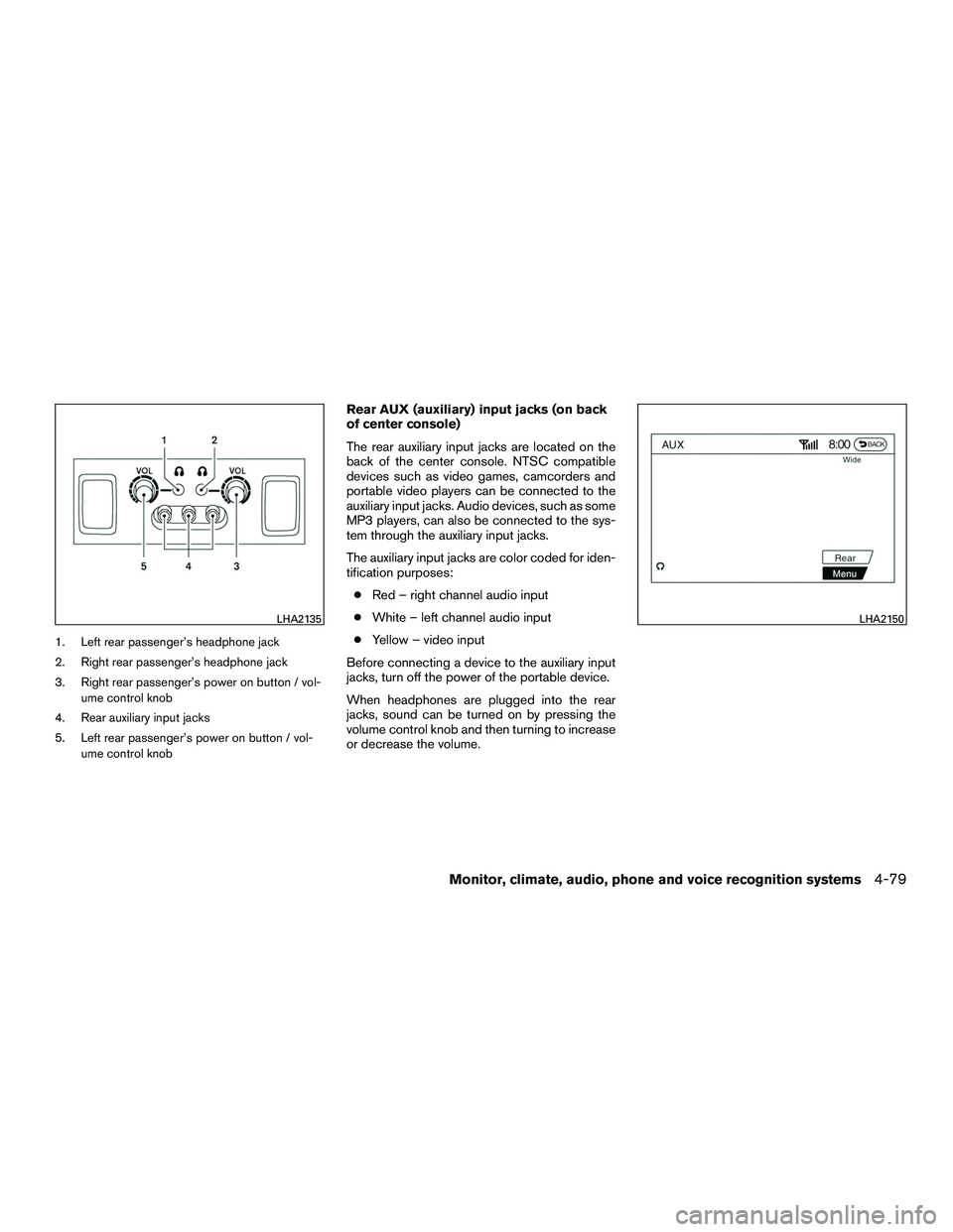 INFINITI QX60-HYBRID 2016 Owners Manual 1. Left rear passenger’s headphone jack
2. Right rear passenger’s headphone jack
3. Right rear passenger’s power on button / vol-ume control knob
4. Rear auxiliary input jacks
5. Left rear passe INFINITI QX60-HYBRID 2016 Owners Manual 1. Left rear passenger’s headphone jack
2. Right rear passenger’s headphone jack
3. Right rear passenger’s power on button / vol-ume control knob
4. Rear auxiliary input jacks
5. Left rear passe