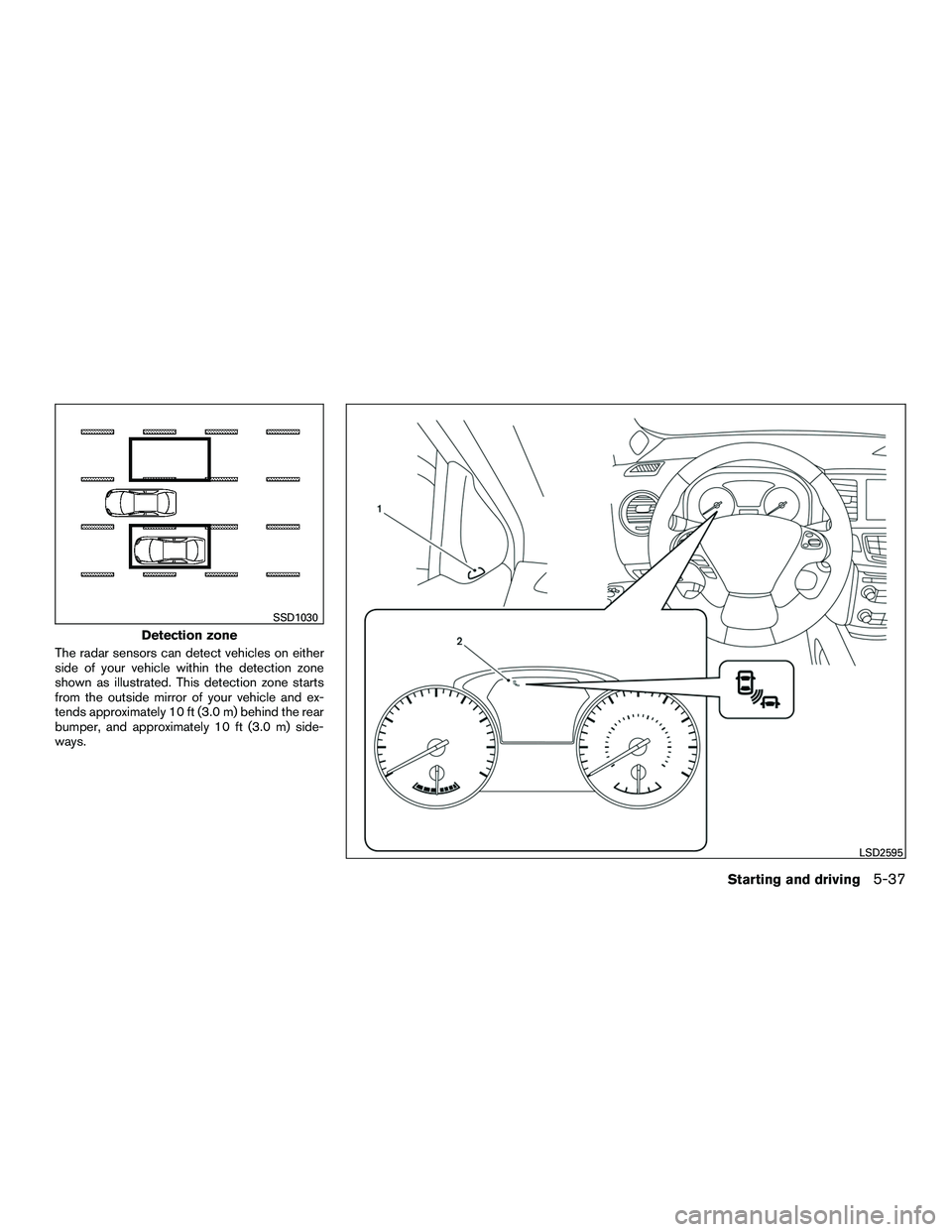 INFINITI QX60-HYBRID 2016 Owners Manual The radar sensors can detect vehicles on either
side of your vehicle within the detection zone
shown as illustrated. This detection zone starts
from the outside mirror of your vehicle and ex-
tends ap INFINITI QX60-HYBRID 2016 Owners Manual The radar sensors can detect vehicles on either
side of your vehicle within the detection zone
shown as illustrated. This detection zone starts
from the outside mirror of your vehicle and ex-
tends ap
