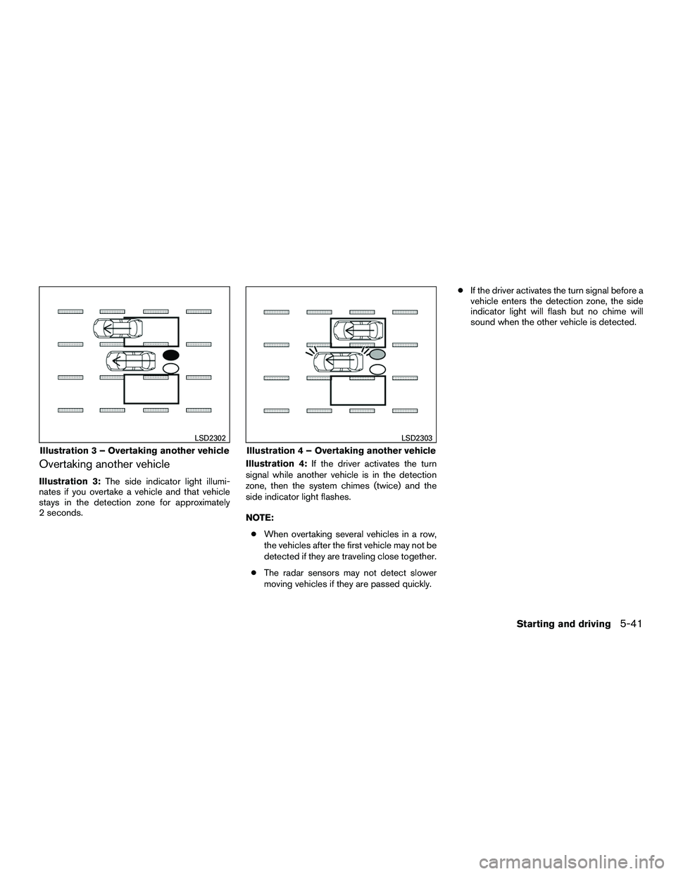 INFINITI QX60-HYBRID 2016 Owners Manual Overtaking another vehicle
Illustration 3:The side indicator light illumi-
nates if you overtake a vehicle and that vehicle
stays in the detection zone for approximately
2 seconds. Illustration 4:
If INFINITI QX60-HYBRID 2016 Owners Manual Overtaking another vehicle
Illustration 3:The side indicator light illumi-
nates if you overtake a vehicle and that vehicle
stays in the detection zone for approximately
2 seconds. Illustration 4:
If