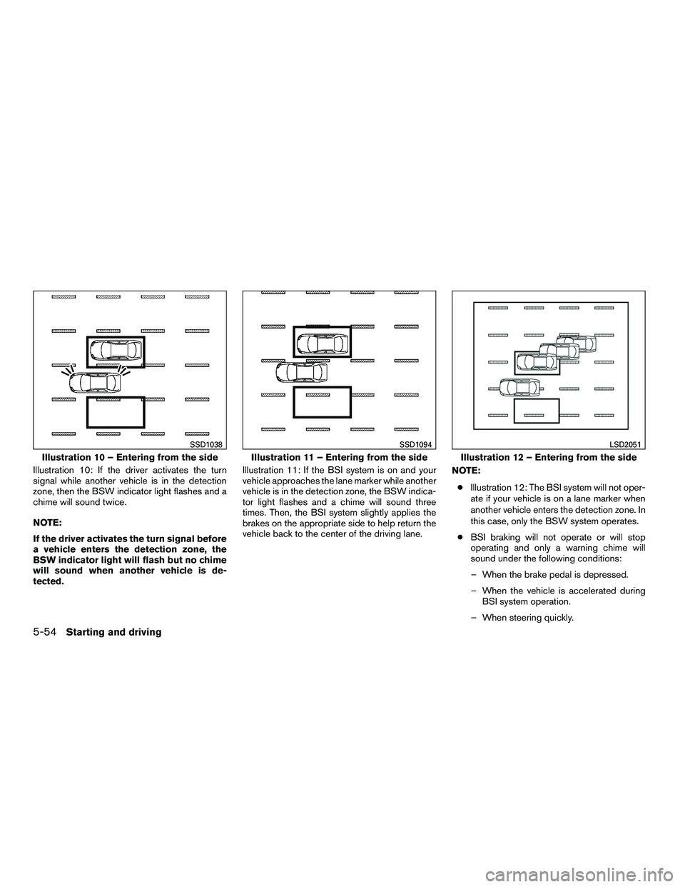 INFINITI QX60-HYBRID 2016 Service Manual Illustration 10: If the driver activates the turn
signal while another vehicle is in the detection
zone, then the BSW indicator light flashes and a
chime will sound twice.
NOTE:
If the driver activate
