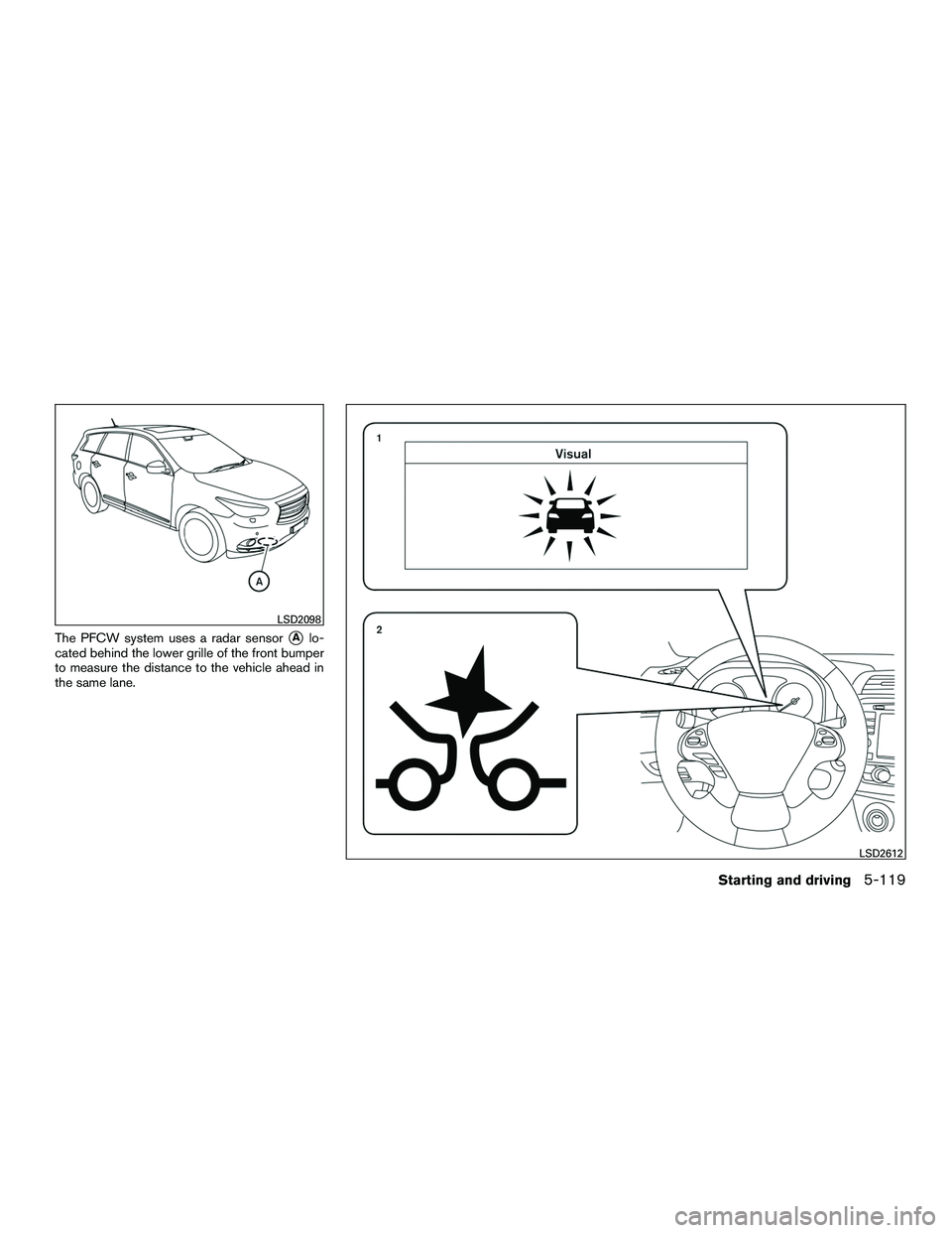 INFINITI QX60-HYBRID 2016  Owners Manual The PFCW system uses a radar sensorAlo-
cated behind the lower grille of the front bumper
to measure the distance to the vehicle ahead in
the same lane.
LSD2098
LSD2612
Starting and driving5-119 