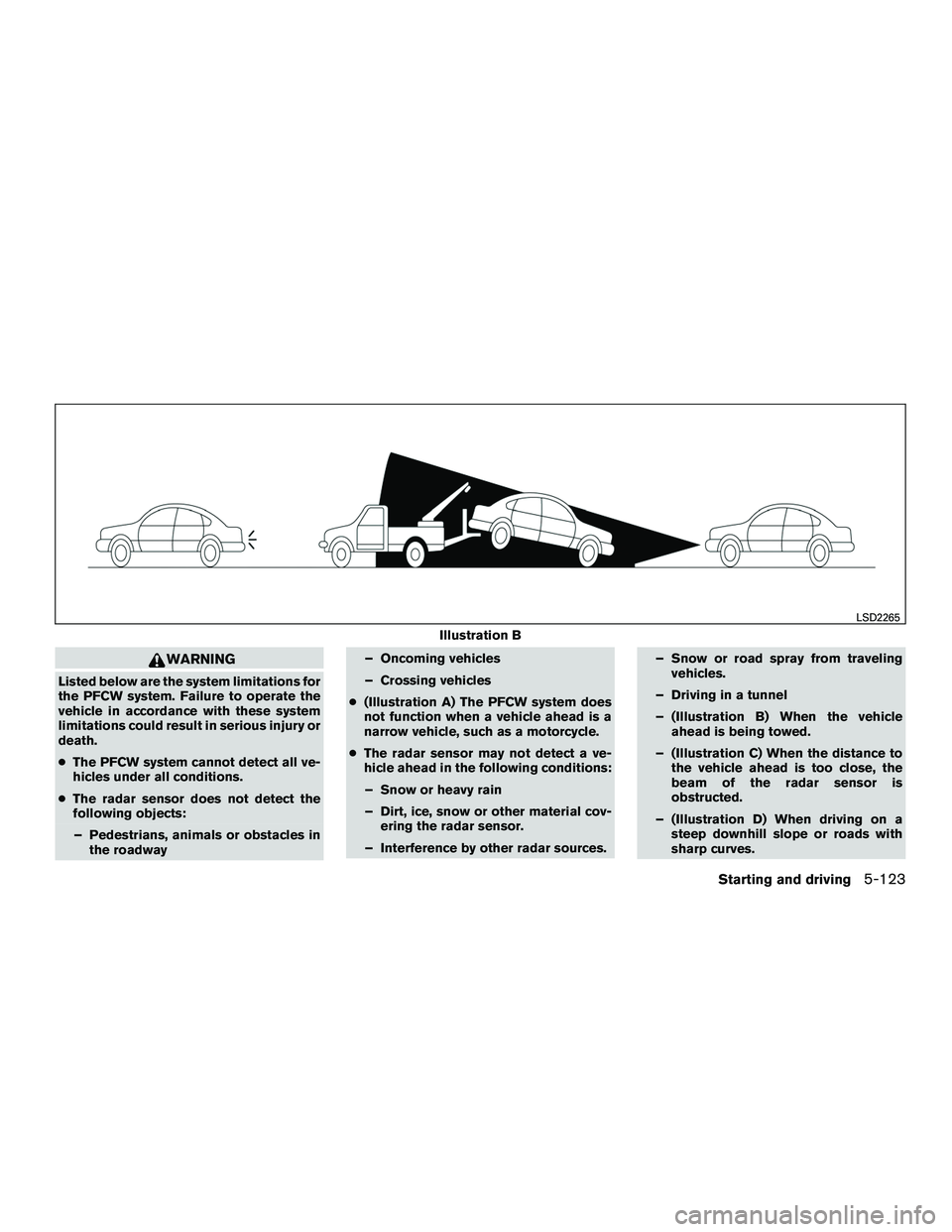 INFINITI QX60-HYBRID 2016  Owners Manual WARNING
Listed below are the system limitations for
the PFCW system. Failure to operate the
vehicle in accordance with these system
limitations could result in serious injury or
death.
●The PFCW sys