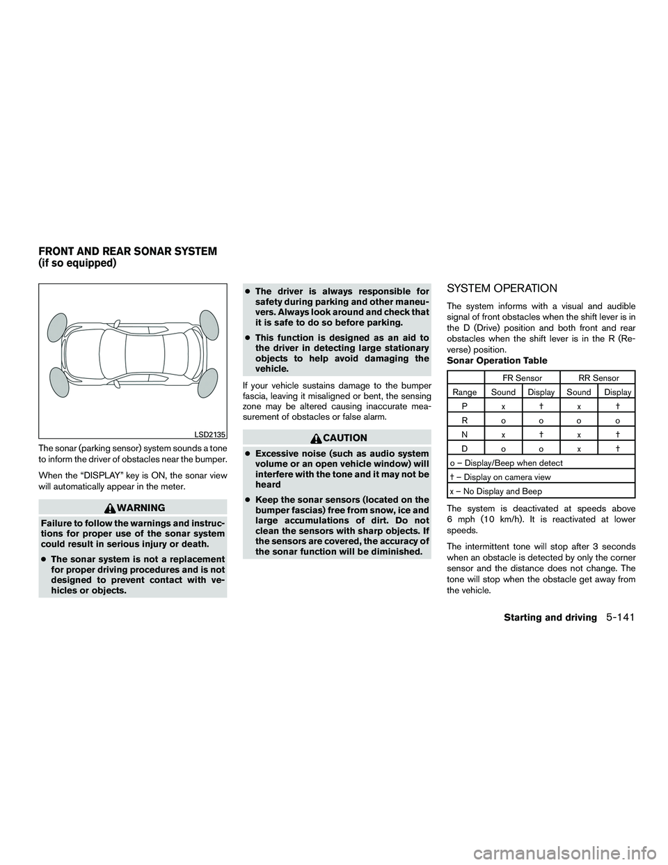 INFINITI QX60-HYBRID 2016 Owners Manual The sonar (parking sensor) system sounds a tone
to inform the driver of obstacles near the bumper.
When the “DISPLAY” key is ON, the sonar view
will automatically appear in the meter.
WARNING
Fail INFINITI QX60-HYBRID 2016 Owners Manual The sonar (parking sensor) system sounds a tone
to inform the driver of obstacles near the bumper.
When the “DISPLAY” key is ON, the sonar view
will automatically appear in the meter.
WARNING
Fail