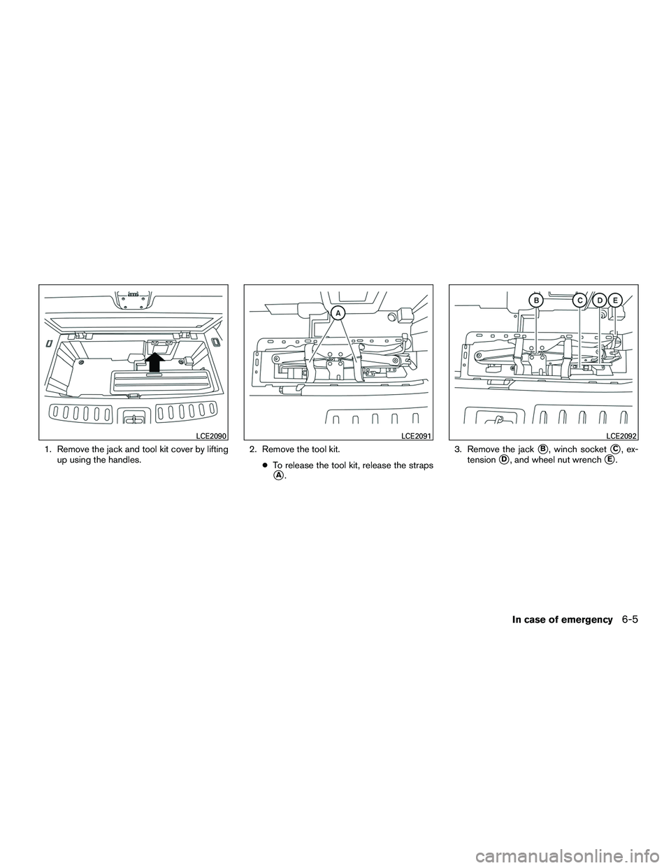 INFINITI QX60-HYBRID 2016  Owners Manual 1. Remove the jack and tool kit cover by liftingup using the handles. 2. Remove the tool kit.
●To release the tool kit, release the straps
A. 3. Remove the jack
B, winch socketC, ex-
tension
D, 