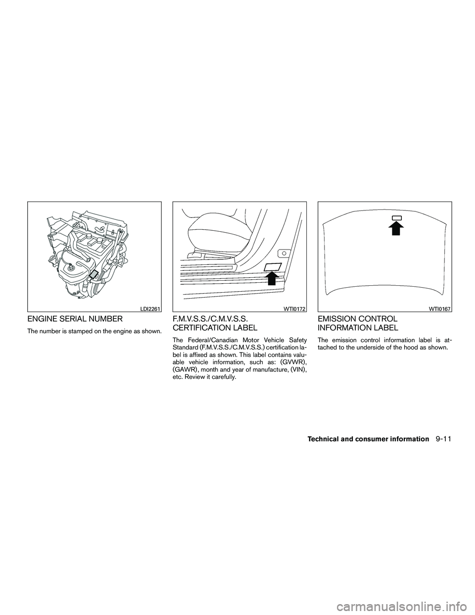 INFINITI QX60-HYBRID 2016  Owners Manual ENGINE SERIAL NUMBER
The number is stamped on the engine as shown.
F.M.V.S.S./C.M.V.S.S.
CERTIFICATION LABEL
The Federal/Canadian Motor Vehicle Safety
Standard (F.M.V.S.S./C.M.V.S.S.) certification la