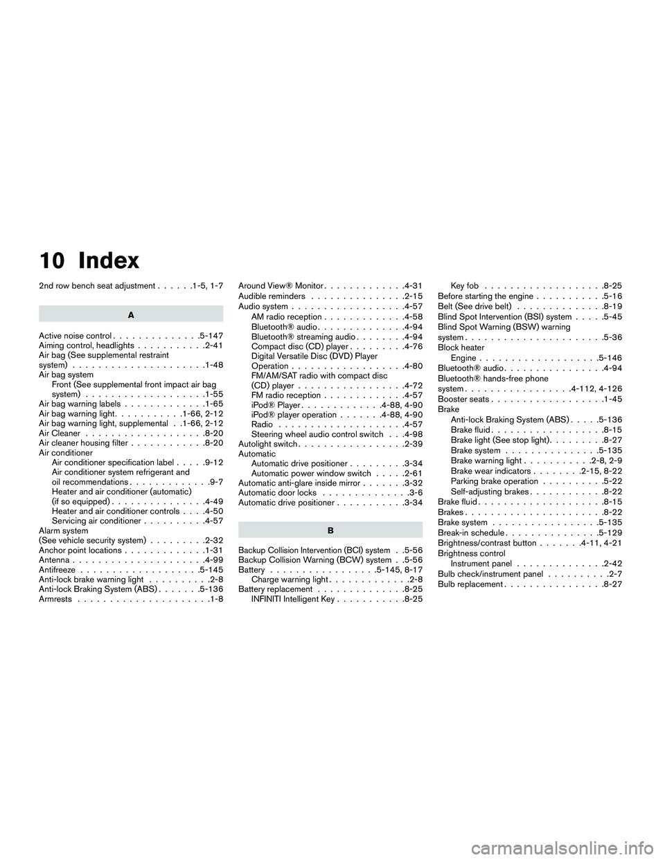 INFINITI QX60-HYBRID 2016  Owners Manual 10 Index
2nd row bench seat adjustment......1-5, 1-7
A
Active noise control ..............5-147
Aiming control, headlights ...........2-41
Air bag (See supplemental restraint
system) .................