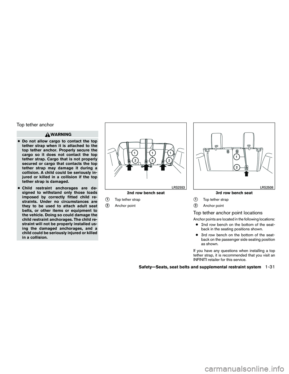 INFINITI QX60-HYBRID 2016 Repair Manual Top tether anchor
WARNING
●Do not allow cargo to contact the top
tether strap when it is attached to the
top tether anchor. Properly secure the
cargo so it does not contact the top
tether strap. Car