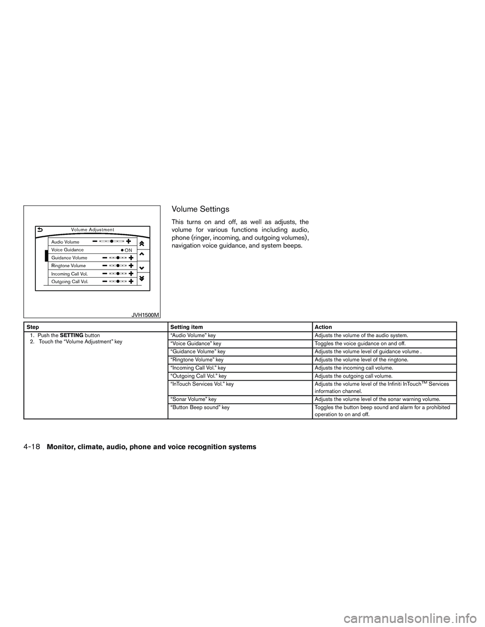 INFINITI QX60-HYBRID 2017 Owners Manual Volume Settings
This turns on and off, as well as adjusts, the
volume for various functions including audio,
phone (ringer, incoming, and outgoing volumes) ,
navigation voice guidance, and system beep INFINITI QX60-HYBRID 2017 Owners Manual Volume Settings
This turns on and off, as well as adjusts, the
volume for various functions including audio,
phone (ringer, incoming, and outgoing volumes) ,
navigation voice guidance, and system beep