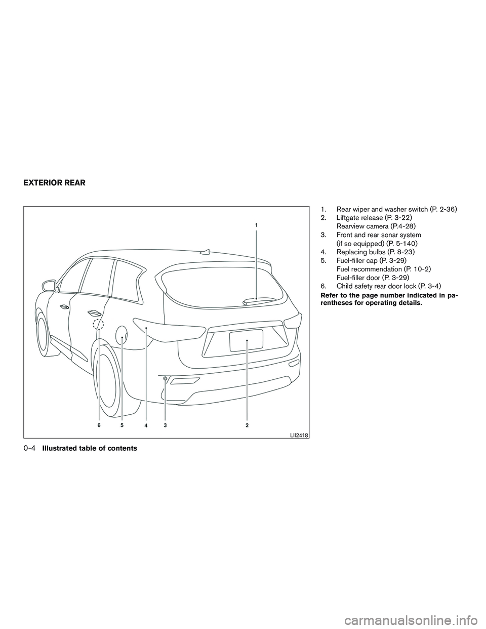 INFINITI QX60-HYBRID 2017 Owners Manual 1. Rear wiper and washer switch (P. 2-36)
2. Liftgate release (P. 3-22)Rearview camera (P.4-28)
3. Front and rear sonar system
(if so equipped) (P. 5-140)
4. Replacing bulbs (P. 8-23)
5. Fuel-filler c