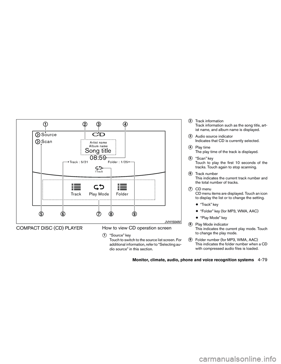 INFINITI QX60-HYBRID 2017  Owners Manual COMPACT DISC (CD) PLAYERHow to view CD operation screen
1“Source” key
Touch to switch to the source list screen. For
additional information, refer to “Selecting au-
dio source” in this sectio
