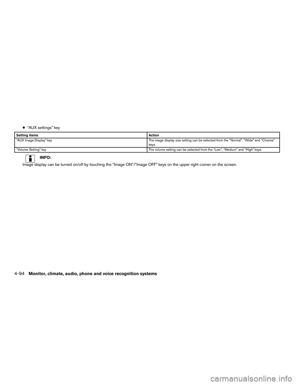 INFINITI QX60-HYBRID 2017 Owners Manual ●“AUX settings” key
Setting Items Action
“AUX Image Display” key The image display size setting can be selected from the “Normal”, “Wide” and “Cinema”
keys.
“Volume Setting” INFINITI QX60-HYBRID 2017 Owners Manual ●“AUX settings” key
Setting Items Action
“AUX Image Display” key The image display size setting can be selected from the “Normal”, “Wide” and “Cinema”
keys.
“Volume Setting”