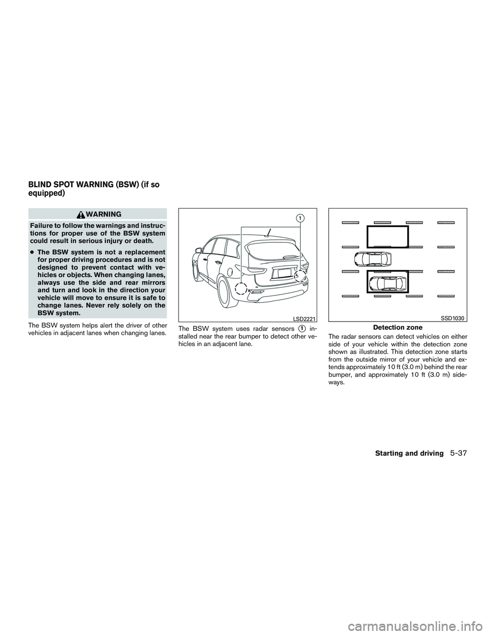 INFINITI QX60-HYBRID 2017 Owners Guide WARNING
Failure to follow the warnings and instruc-
tions for proper use of the BSW system
could result in serious injury or death.
●The BSW system is not a replacement
for proper driving procedures INFINITI QX60-HYBRID 2017 Owners Guide WARNING
Failure to follow the warnings and instruc-
tions for proper use of the BSW system
could result in serious injury or death.
●The BSW system is not a replacement
for proper driving procedures