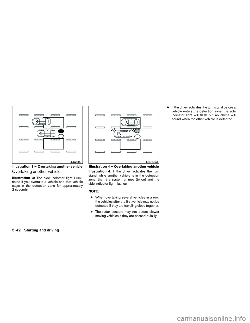 INFINITI QX60-HYBRID 2017 Owners Guide Overtaking another vehicle
Illustration 3:The side indicator light illumi-
nates if you overtake a vehicle and that vehicle
stays in the detection zone for approximately
2 seconds. Illustration 4:
If INFINITI QX60-HYBRID 2017 Owners Guide Overtaking another vehicle
Illustration 3:The side indicator light illumi-
nates if you overtake a vehicle and that vehicle
stays in the detection zone for approximately
2 seconds. Illustration 4:
If