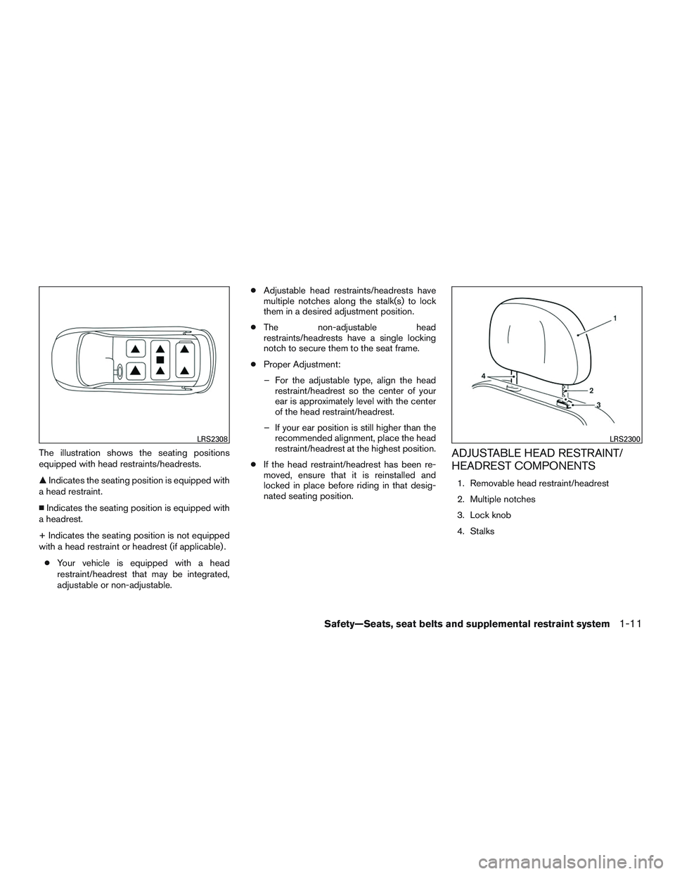 INFINITI QX60-HYBRID 2017 Service Manual The illustration shows the seating positions
equipped with head restraints/headrests.
Indicates the seating position is equipped with
a head restraint.
 Indicates the seating position is equipped wi