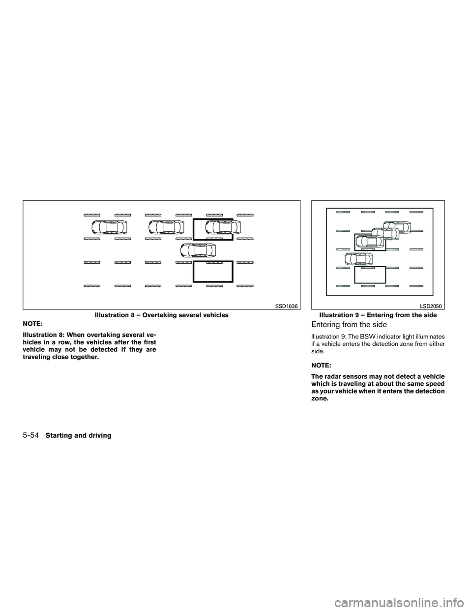 INFINITI QX60-HYBRID 2017 Service Manual NOTE:
Illustration 8: When overtaking several ve-
hicles in a row, the vehicles after the first
vehicle may not be detected if they are
traveling close together.Entering from the side
Illustration 9: INFINITI QX60-HYBRID 2017 Service Manual NOTE:
Illustration 8: When overtaking several ve-
hicles in a row, the vehicles after the first
vehicle may not be detected if they are
traveling close together.Entering from the side
Illustration 9: