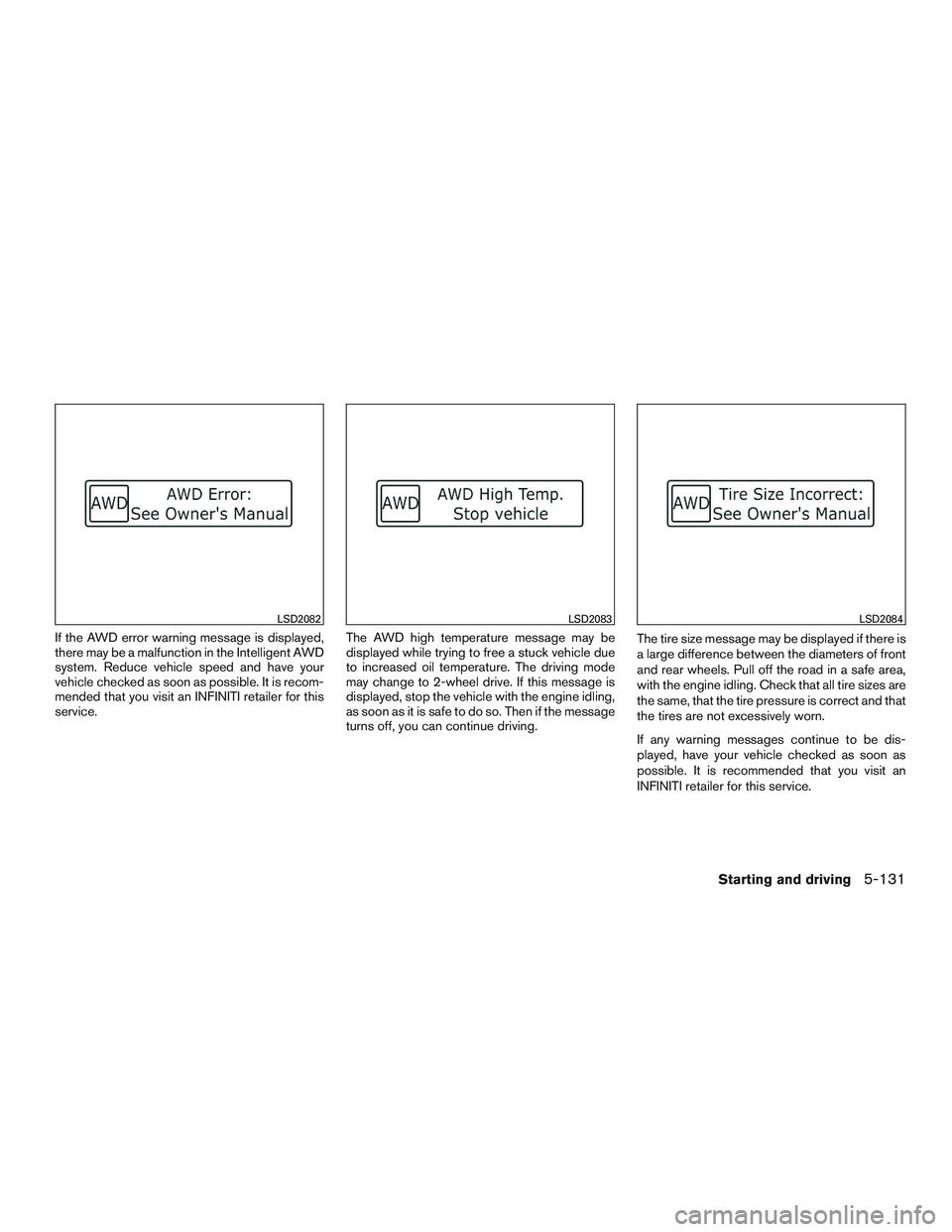 INFINITI QX60-HYBRID 2017 Repair Manual If the AWD error warning message is displayed,
there may be a malfunction in the Intelligent AWD
system. Reduce vehicle speed and have your
vehicle checked as soon as possible. It is recom-
mended tha INFINITI QX60-HYBRID 2017 Repair Manual If the AWD error warning message is displayed,
there may be a malfunction in the Intelligent AWD
system. Reduce vehicle speed and have your
vehicle checked as soon as possible. It is recom-
mended tha