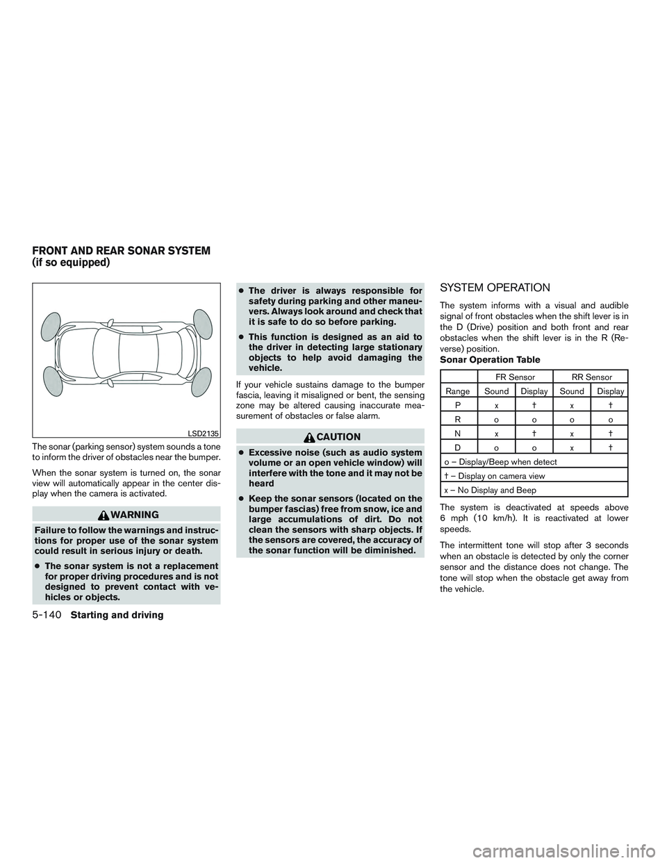 INFINITI QX60-HYBRID 2017 Manual PDF The sonar (parking sensor) system sounds a tone
to inform the driver of obstacles near the bumper.
When the sonar system is turned on, the sonar
view will automatically appear in the center dis-
play INFINITI QX60-HYBRID 2017 Manual PDF The sonar (parking sensor) system sounds a tone
to inform the driver of obstacles near the bumper.
When the sonar system is turned on, the sonar
view will automatically appear in the center dis-
play