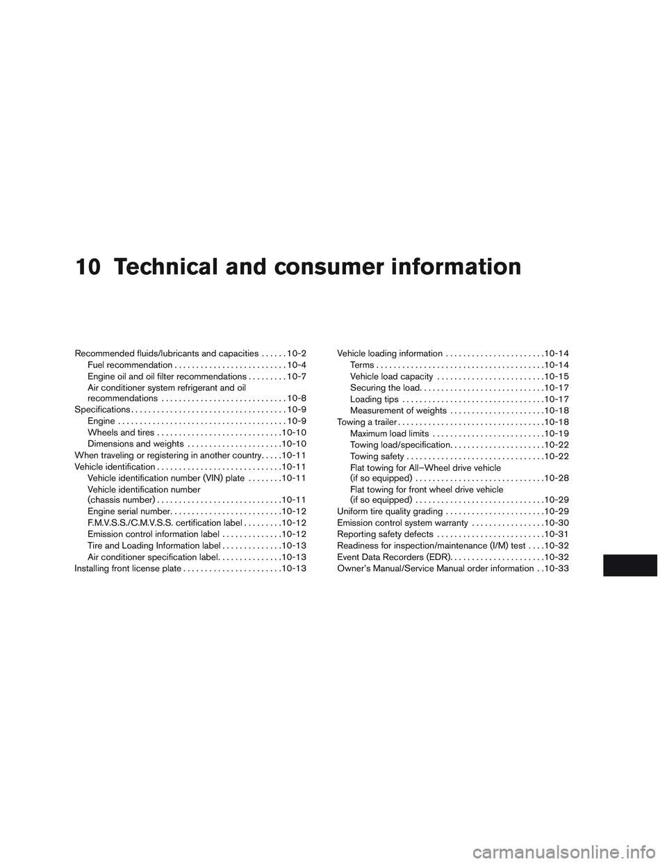 INFINITI QX60-HYBRID 2017 Owners Manual 10 Technical and consumer information
Recommended fluids/lubricants and capacities......10-2
Fuel recommendation .......................... 10-4
Engine oil and oil filter recommendations .........10-7 INFINITI QX60-HYBRID 2017 Owners Manual 10 Technical and consumer information
Recommended fluids/lubricants and capacities......10-2
Fuel recommendation .......................... 10-4
Engine oil and oil filter recommendations .........10-7