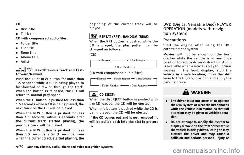 INFINITI QX70 2015  Owners Manual �����.�P�O�J�U�P�S�
 �D�M�J�N�B�U�F�
 �B�V�E�J�P�
 �Q�I�P�O�F �B�O�E �W�P�J�D�F �S�F�D�P�H�O�J�U�J�P�O �T�Z�T�U�F�N�T
�$�%�
.�%�J�T�D �U�J�U�M�F
.�5�S�B�D�L �U�J�U�M�F
�$�% �X�J�U�I �D�P�N�Q�S�F�
