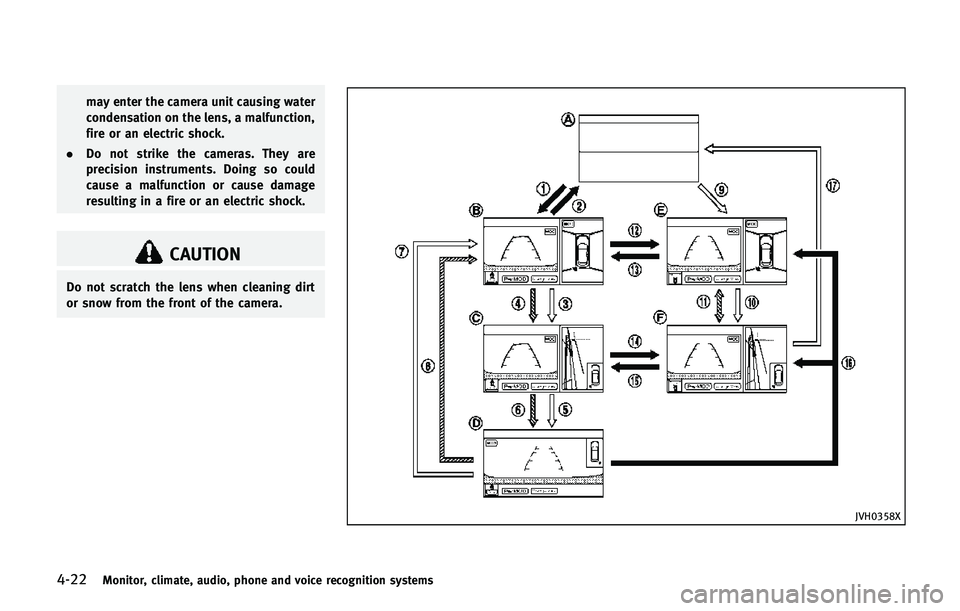 INFINITI QX80 2014  Owners Manual 4-22Monitor, climate, audio, phone and voice recognition systems
may enter the camera unit causing water
condensation on the lens, a malfunction,
fire or an electric shock.
. Do not strike the cameras