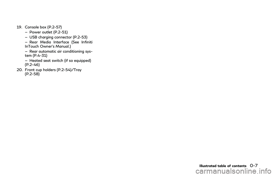 INFINITI QX80 2018 Owners Manual 19. Console box (P.2-57)— Power outlet (P.2-51)
— USB charging connector (P.2-53)
— Rear Media Interface (See Infiniti
InTouch Owner’s Manual.)
— Rear automatic air conditioning sys-
tem (P. INFINITI QX80 2018 Owners Manual 19. Console box (P.2-57)— Power outlet (P.2-51)
— USB charging connector (P.2-53)
— Rear Media Interface (See Infiniti
InTouch Owner’s Manual.)
— Rear automatic air conditioning sys-
tem (P.