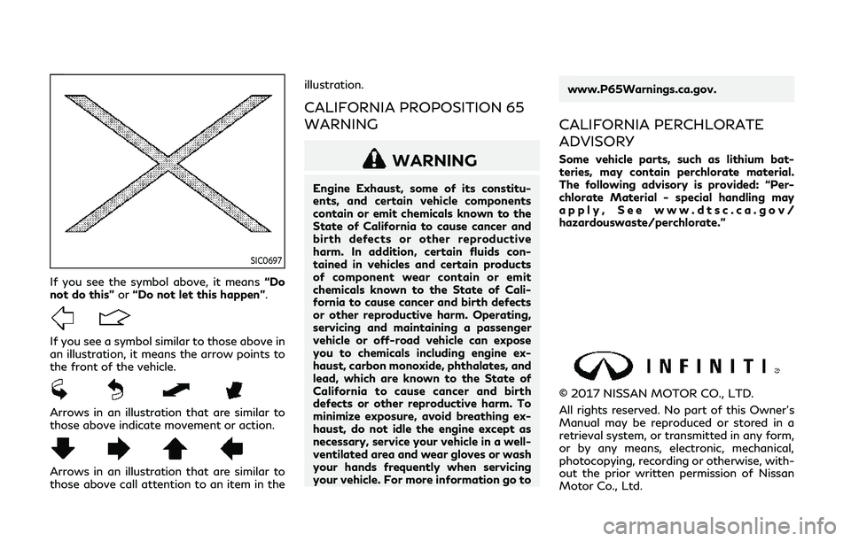 INFINITI QX80 2018  Owners Manual SIC0697
If you see the symbol above, it means“Do
not do this” or“Do not let this happen”.
If you see a symbol similar to those above in
an illustration, it means the arrow points to
the front 