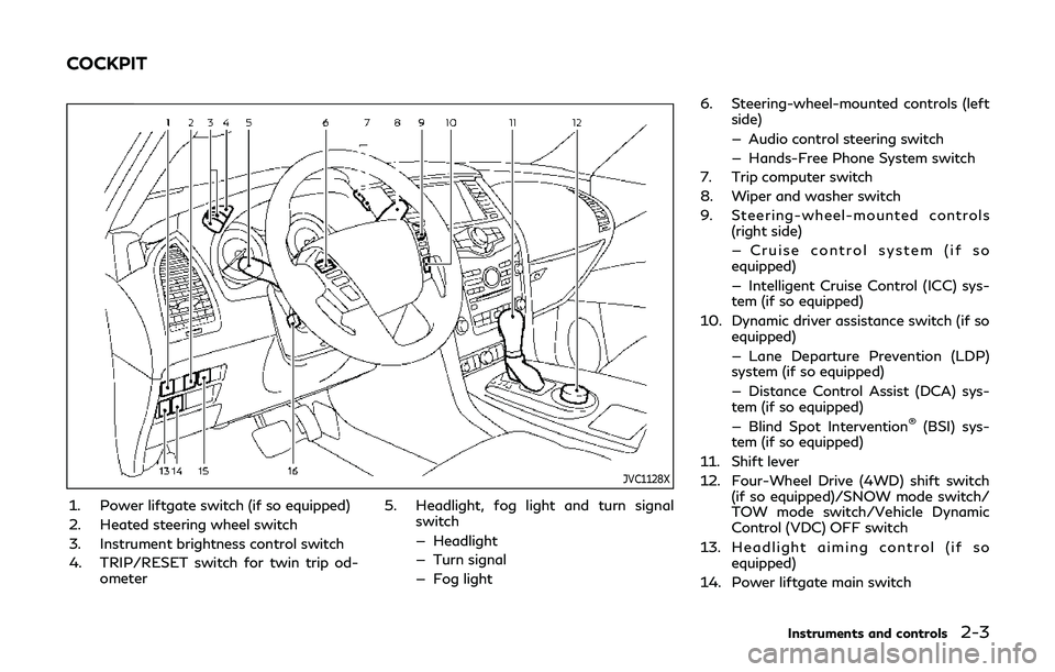INFINITI QX80 2019  Owners Manual JVC1128X
1. Power liftgate switch (if so equipped)
2. Heated steering wheel switch
3. Instrument brightness control switch
4. TRIP/RESET switch for twin trip od-ometer 5. Headlight, fog light and turn