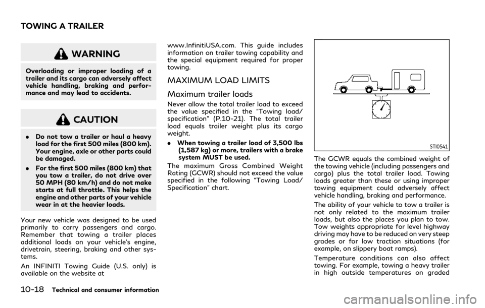 INFINITI QX80 2020 Owners Manual 10-18Technical and consumer information
WARNING
Overloading or improper loading of a
trailer and its cargo can adversely affect
vehicle handling, braking and perfor-
mance and may lead to accidents.
C INFINITI QX80 2020 Owners Manual 10-18Technical and consumer information
WARNING
Overloading or improper loading of a
trailer and its cargo can adversely affect
vehicle handling, braking and perfor-
mance and may lead to accidents.
C