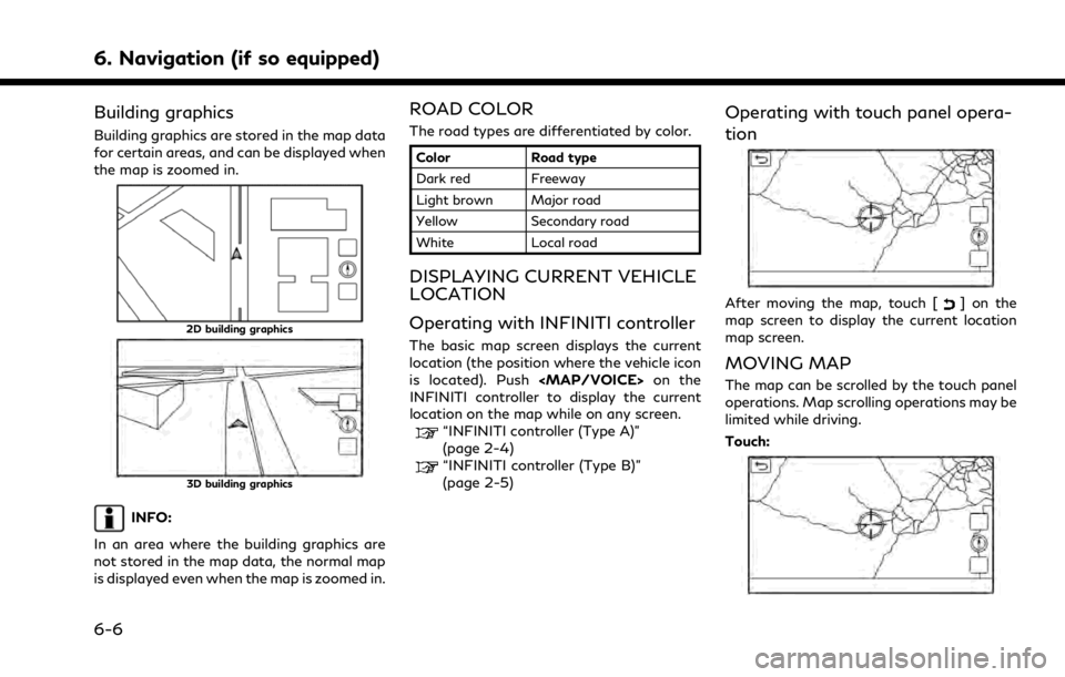 INFINITI QX80 2021 Owners Guide 6. Navigation (if so equipped)
Building graphics
Building graphics are stored in the map data
for certain areas, and can be displayed when
the map is zoomed in.
2D building graphics
3D building graphi INFINITI QX80 2021 Owners Guide 6. Navigation (if so equipped)
Building graphics
Building graphics are stored in the map data
for certain areas, and can be displayed when
the map is zoomed in.
2D building graphics
3D building graphi