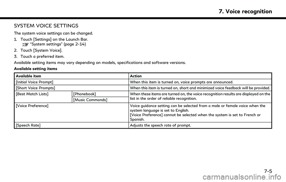 INFINITI QX80 2022  Owners Manual SYSTEM VOICE SETTINGS
The system voice settings can be changed.
1. Touch [Settings] on the Launch Bar.
“System settings” (page 2-14)
2. Touch [System Voice].
3. Touch a preferred item.
Available s