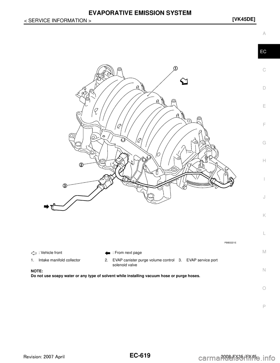 INFINITI FX35 2008  Service Manual 
EVAPORATIVE EMISSION SYSTEMEC-619
< SERVICE INFORMATION > [VK45DE]
C
D
E
F
G H
I
J
K L
M A
EC
NP
O
: Vehicle front : From next page
1. Intake manifold collector 2. EVAP canister purge volume control 
