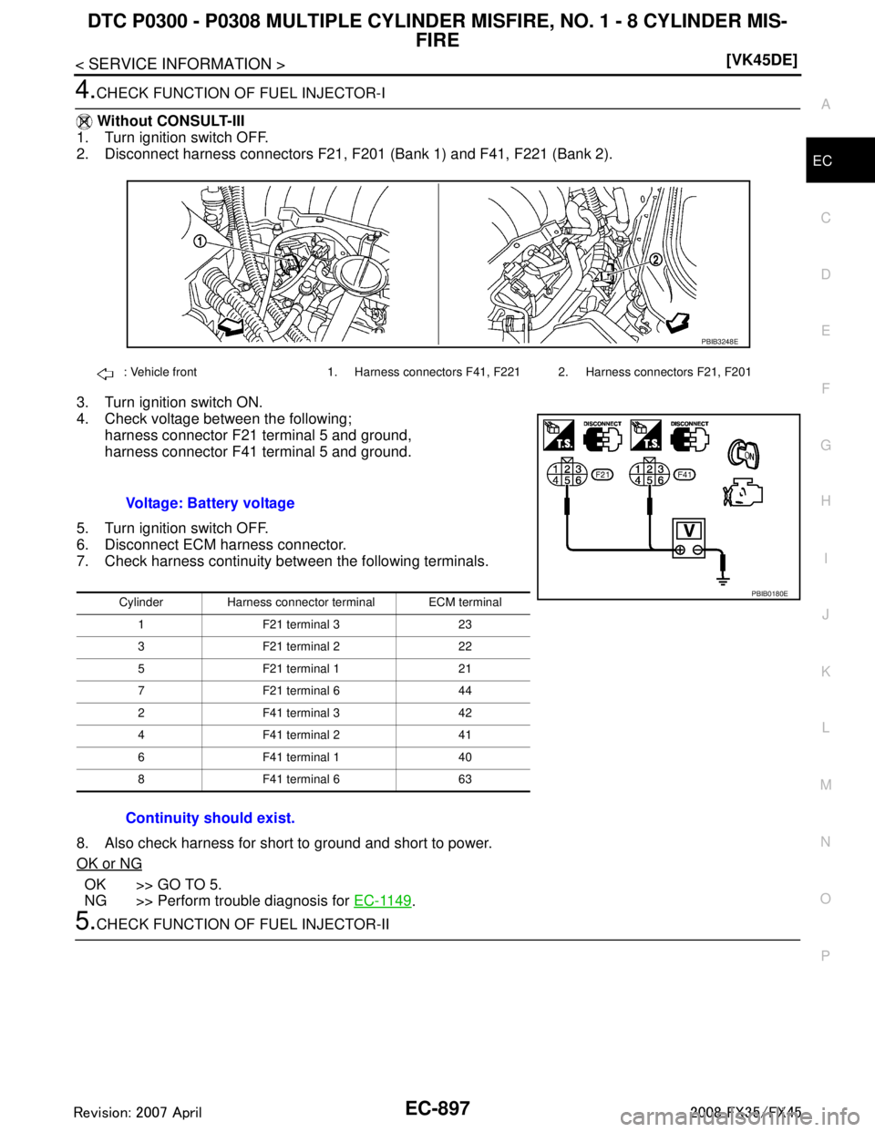 INFINITI FX35 2008  Service Manual 
DTC P0300 - P0308 MULTIPLE CYLINDER MISFIRE, NO. 1 - 8 CYLINDER MIS-
FIRE
EC-897
< SERVICE INFORMATION > [VK45DE]
C
D
E
F
G H
I
J
K L
M A
EC
NP
O
4.CHECK FUNCTION OF FUEL INJECTOR-I
  Without CONSULT