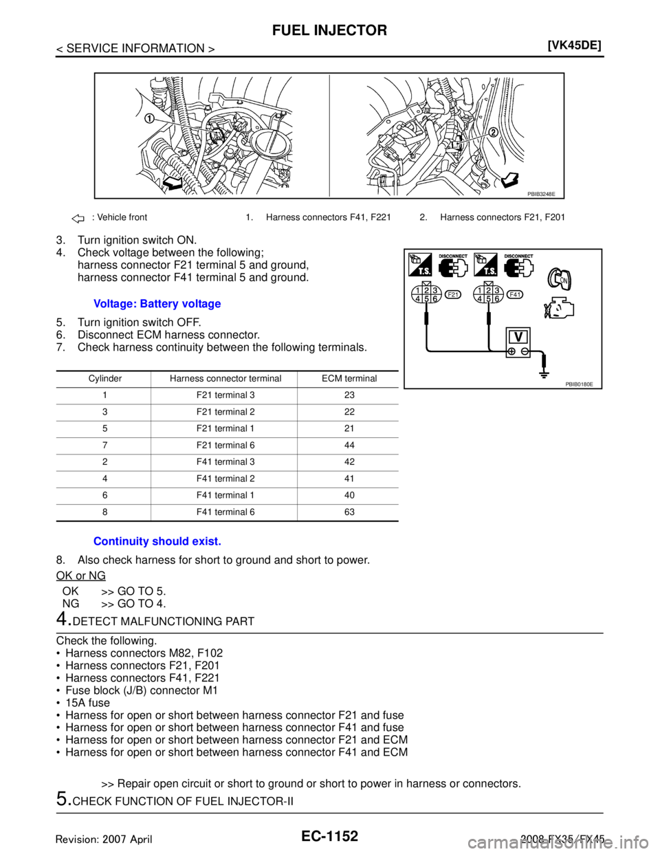 INFINITI FX35 2008  Service Manual 
EC-1152
< SERVICE INFORMATION >[VK45DE]
FUEL INJECTOR
3. Turn ignition switch ON.
4. Check voltage between the following;
harness connector F21 terminal 5 and ground,
harness connector F41 terminal 5