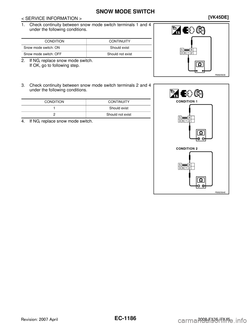 INFINITI FX35 2008  Service Manual 
EC-1186
< SERVICE INFORMATION >[VK45DE]
SNOW MODE SWITCH
1. Check continuity between snow mode switch terminals 1 and 4
under the following conditions.
2. If NG, replace snow mode switch. If OK, go t