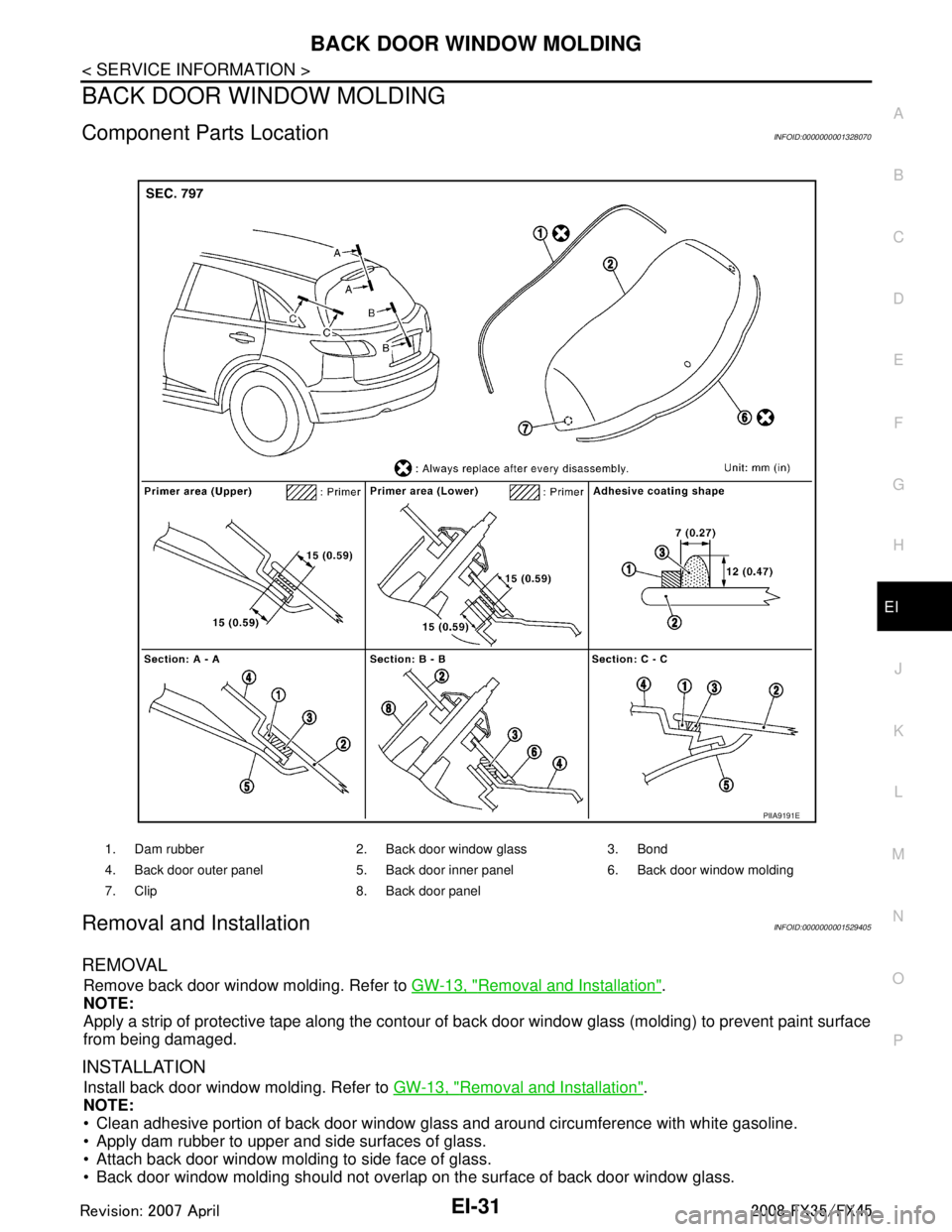 INFINITI FX35 2008 Repair Manual
BACK DOOR WINDOW MOLDINGEI-31
< SERVICE INFORMATION >
C
DE
F
G H
J
K L
M A
B
EI
N
O P
BACK DOOR WINDOW MOLDING
Component Parts LocationINFOID:0000000001328070
Removal and InstallationINFOID:000000000 INFINITI FX35 2008 Repair Manual
BACK DOOR WINDOW MOLDINGEI-31
< SERVICE INFORMATION >
C
DE
F
G H
J
K L
M A
B
EI
N
O P
BACK DOOR WINDOW MOLDING
Component Parts LocationINFOID:0000000001328070
Removal and InstallationINFOID:000000000