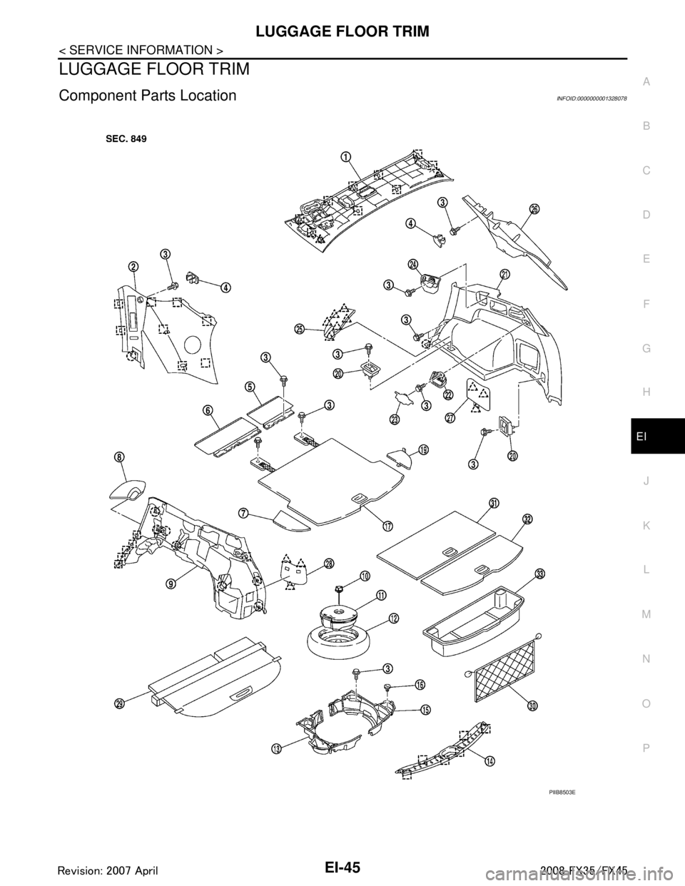 INFINITI FX35 2008 Service Manual
LUGGAGE FLOOR TRIMEI-45
< SERVICE INFORMATION >
C
DE
F
G H
J
K L
M A
B
EI
N
O P
LUGGAGE FLOOR TRIM
Component Parts LocationINFOID:0000000001328078
PIIB8503E
3AA93ABC3ACD3AC03ACA3AC03AC63AC53A913A773A INFINITI FX35 2008 Service Manual
LUGGAGE FLOOR TRIMEI-45
< SERVICE INFORMATION >
C
DE
F
G H
J
K L
M A
B
EI
N
O P
LUGGAGE FLOOR TRIM
Component Parts LocationINFOID:0000000001328078
PIIB8503E
3AA93ABC3ACD3AC03ACA3AC03AC63AC53A913A773A
