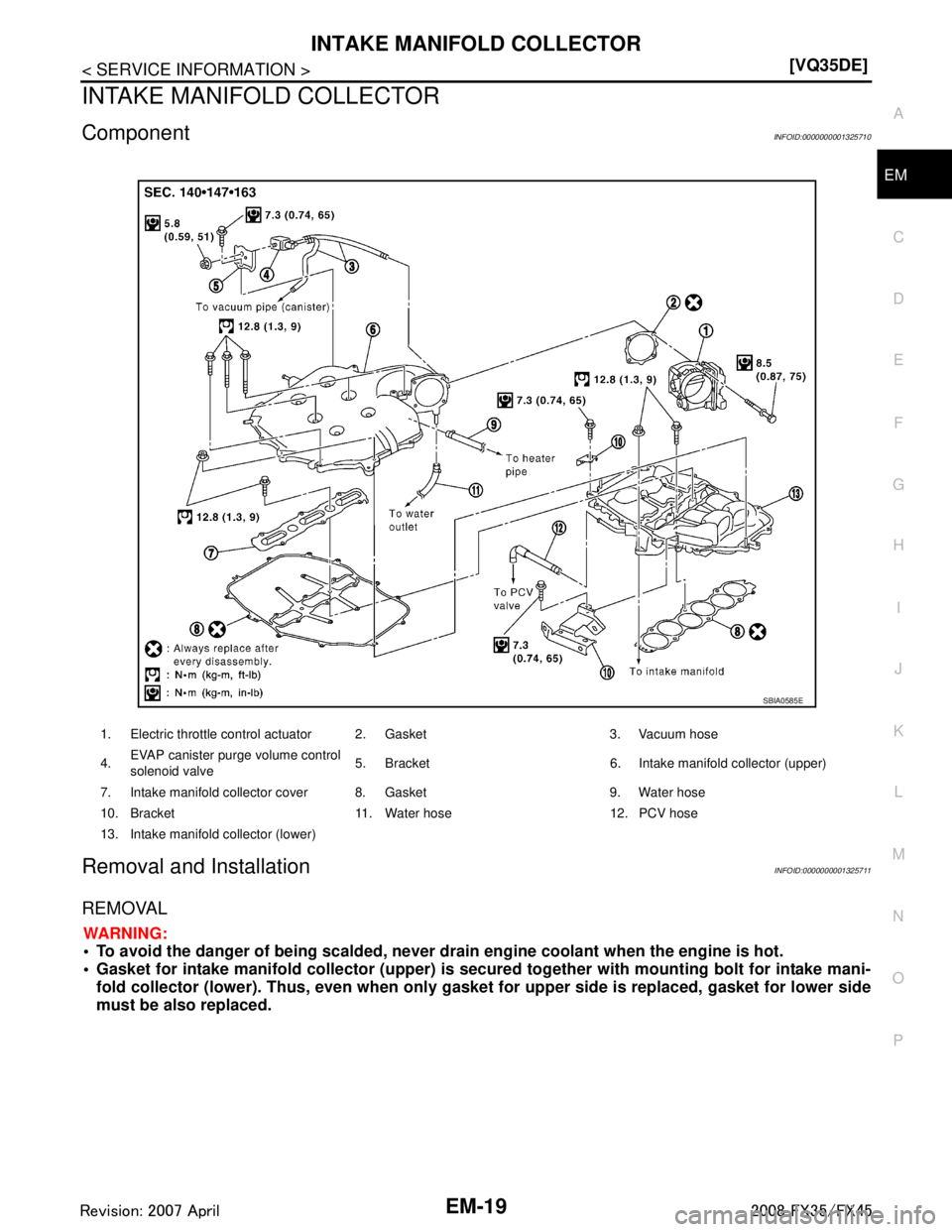 INFINITI FX35 2008  Service Manual 
INTAKE MANIFOLD COLLECTOREM-19
< SERVICE INFORMATION > [VQ35DE]
C
D
E
F
G H
I
J
K L
M A
EM
NP
O
INTAKE MANIFOLD COLLECTOR
ComponentINFOID:0000000001325710
Removal and InstallationINFOID:0000000001325