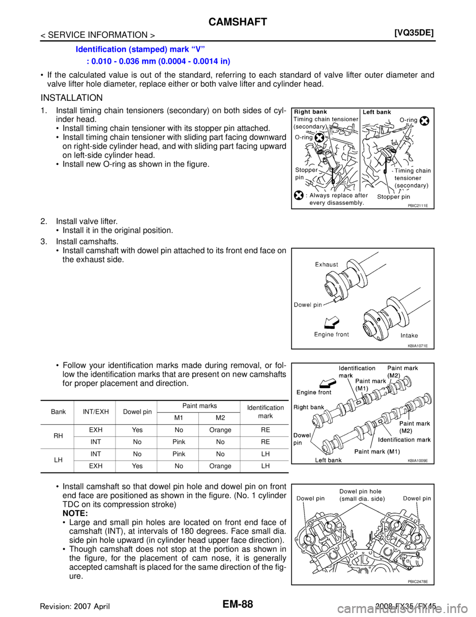INFINITI FX35 2008  Service Manual 
EM-88
< SERVICE INFORMATION >[VQ35DE]
CAMSHAFT
 If the calculated value is out of the standard, referri
ng to each standard of valve lifter outer diameter and
valve lifter hole diameter, replace eit