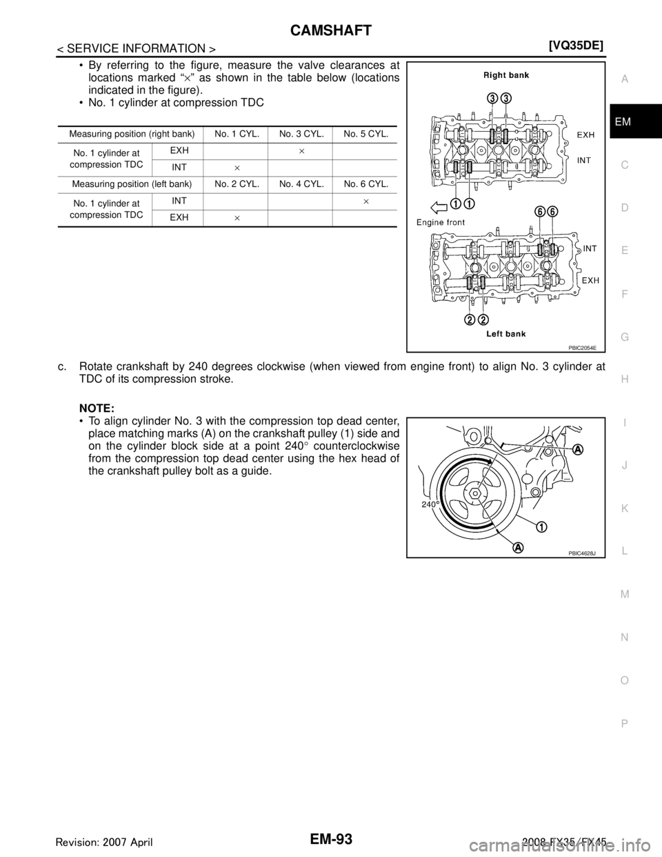 INFINITI FX35 2008 Workshop Manual 
CAMSHAFTEM-93
< SERVICE INFORMATION > [VQ35DE]
C
D
E
F
G H
I
J
K L
M A
EM
NP
O
 By referring to the figure, measure the valve clearances at
locations marked “ ×” as shown in the table below (lo