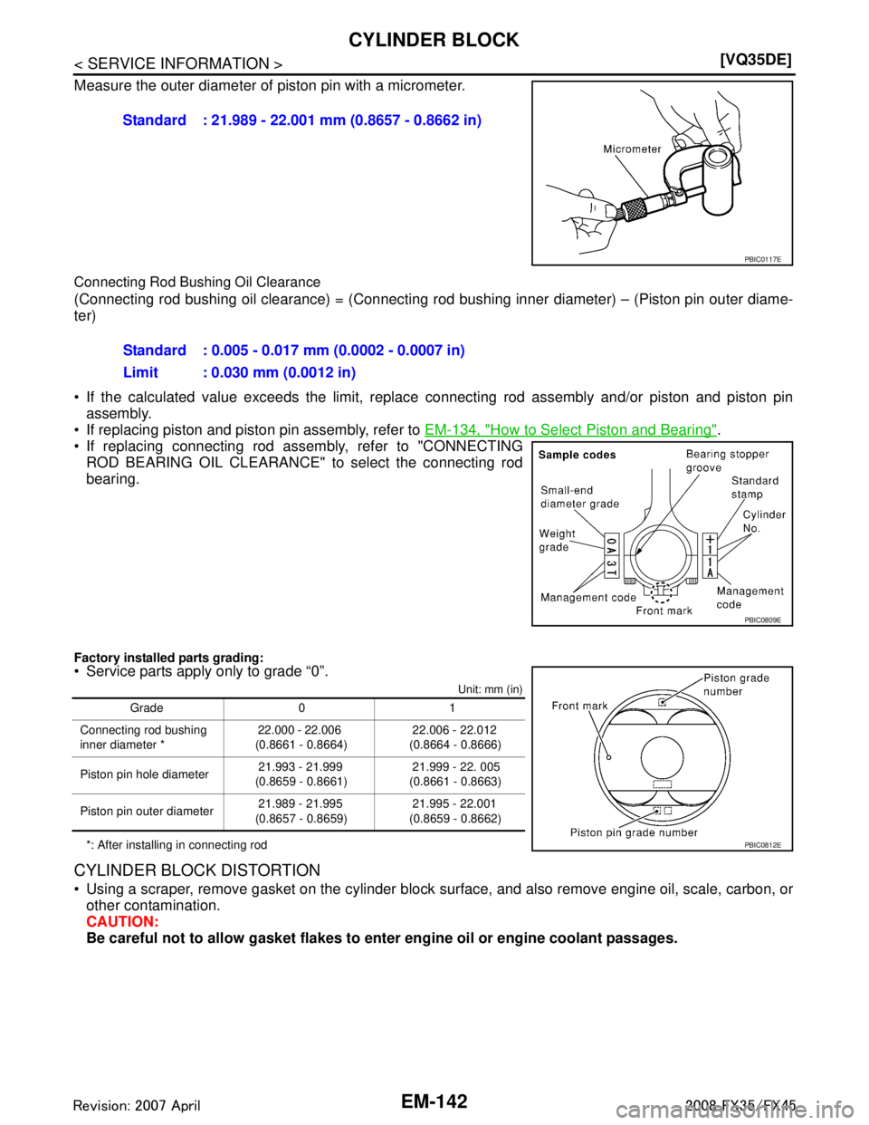 INFINITI FX35 2008  Service Manual 
EM-142
< SERVICE INFORMATION >[VQ35DE]
CYLINDER BLOCK
Measure the outer diameter of piston pin with a micrometer.
Connecting Rod Bushing Oil Clearance
(Connecting rod bushing oil clearance) = (Connec