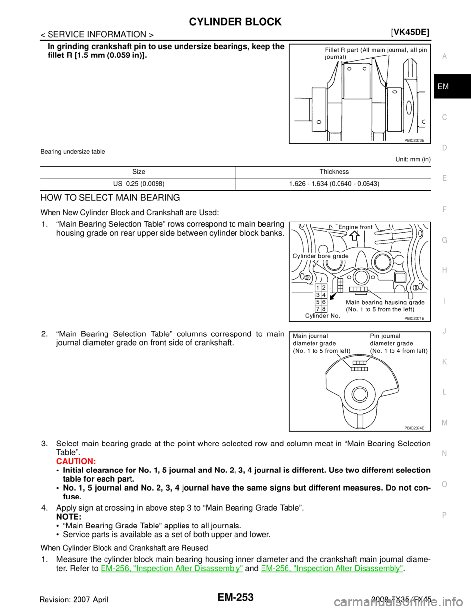 INFINITI FX35 2008 Owners Guide 
CYLINDER BLOCKEM-253
< SERVICE INFORMATION > [VK45DE]
C
D
E
F
G H
I
J
K L
M A
EM
NP
O
In grinding crankshaft pin to 
use undersize bearings, keep the
fillet R [1.5 mm (0.059 in)].
Bearing undersize t