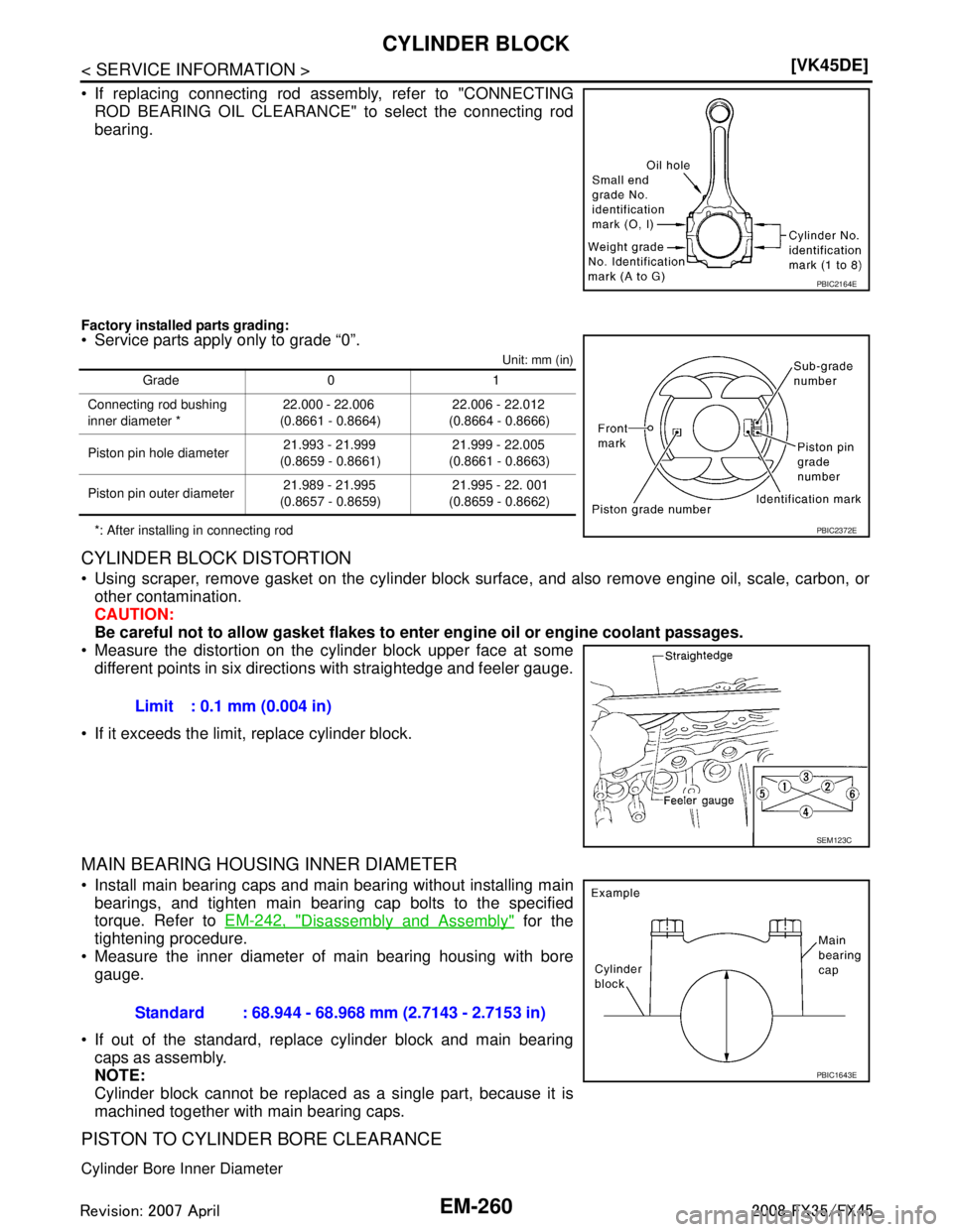 INFINITI FX35 2008  Service Manual 
EM-260
< SERVICE INFORMATION >[VK45DE]
CYLINDER BLOCK
 If replacing connecting rod assembly, refer to "CONNECTING
ROD BEARING OIL CLEARANCE" to select the connecting rod
bearing.
Factory installed p