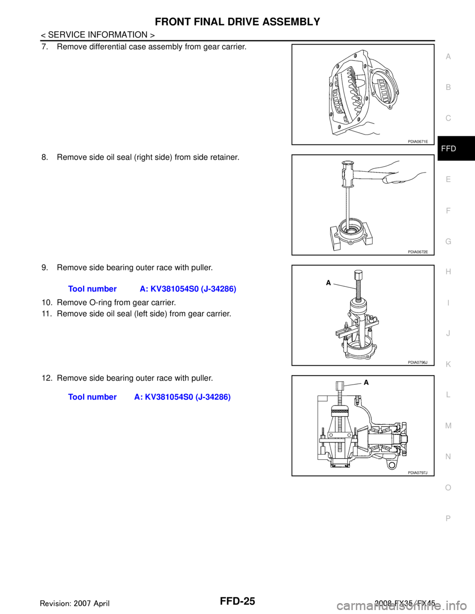 INFINITI FX35 2008 Service Manual
FRONT FINAL DRIVE ASSEMBLYFFD-25
< SERVICE INFORMATION >
CEF
G H
I
J
K L
M A
B
FFD
N
O P
7. Remove differential case assembly from gear carrier.
8. Remove side oil seal (right side) from side retaine INFINITI FX35 2008 Service Manual
FRONT FINAL DRIVE ASSEMBLYFFD-25
< SERVICE INFORMATION >
CEF
G H
I
J
K L
M A
B
FFD
N
O P
7. Remove differential case assembly from gear carrier.
8. Remove side oil seal (right side) from side retaine