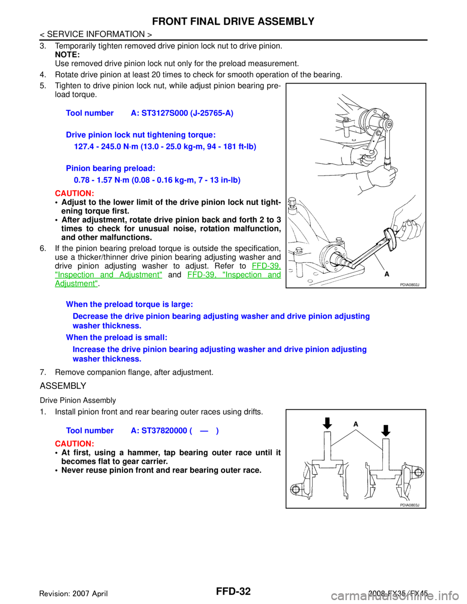 INFINITI FX35 2008  Service Manual 
FFD-32
< SERVICE INFORMATION >
FRONT FINAL DRIVE ASSEMBLY
3. Temporarily tighten removed drive pinion lock nut to drive pinion.NOTE:
Use removed drive pinion lock nut only for the preload measurement