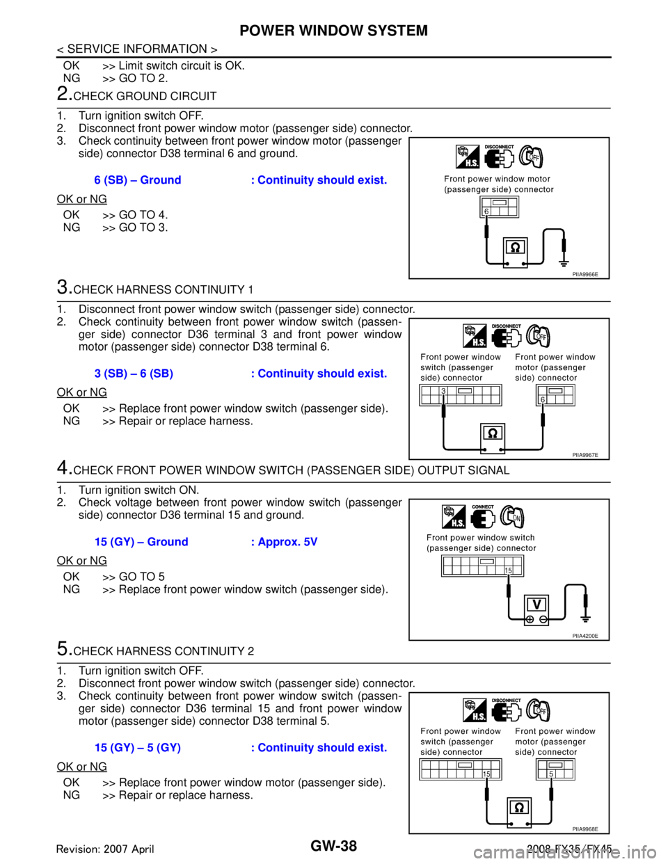 INFINITI FX35 2008 Owners Manual
GW-38
< SERVICE INFORMATION >
POWER WINDOW SYSTEM
OK >> Limit switch circuit is OK.
NG >> GO TO 2.
2.CHECK GROUND CIRCUIT
1. Turn ignition switch OFF.
2. Disconnect front power window motor (passenge INFINITI FX35 2008 Owners Manual
GW-38
< SERVICE INFORMATION >
POWER WINDOW SYSTEM
OK >> Limit switch circuit is OK.
NG >> GO TO 2.
2.CHECK GROUND CIRCUIT
1. Turn ignition switch OFF.
2. Disconnect front power window motor (passenge